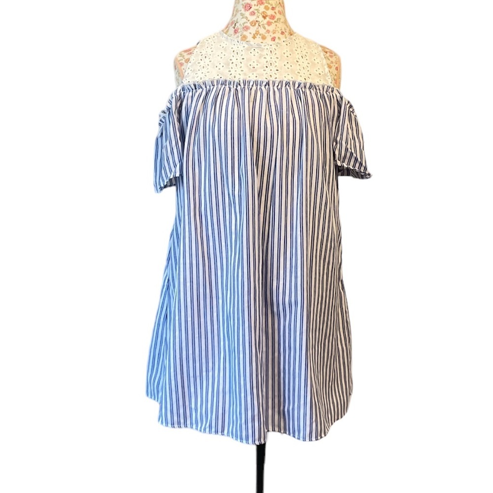 Andree By Unit Women’s M Eyelet Front Striped Dress Cold Shoulder Blue White